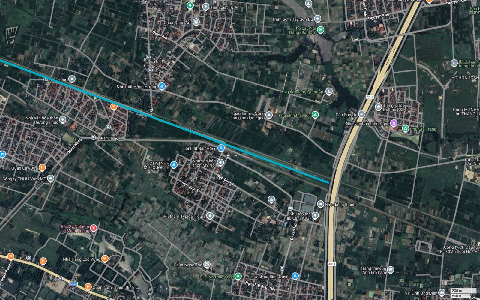 Điểm đầu tuyến metro số 6 Hà Nội tại Sơn Du kết thúc sát trục AH14 Bắc Thăng Long - Nội Bài, gần nhãn Cầu Sơn Du