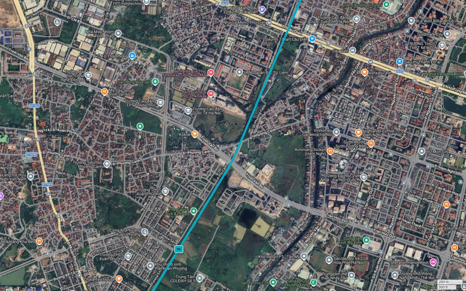Tuyến metro số 6 Hà Nội cắt trục Trịnh Văn Bô và đường Phương Canh tại Xuân Phương, nhãn M6 hiện trên tim tuyến