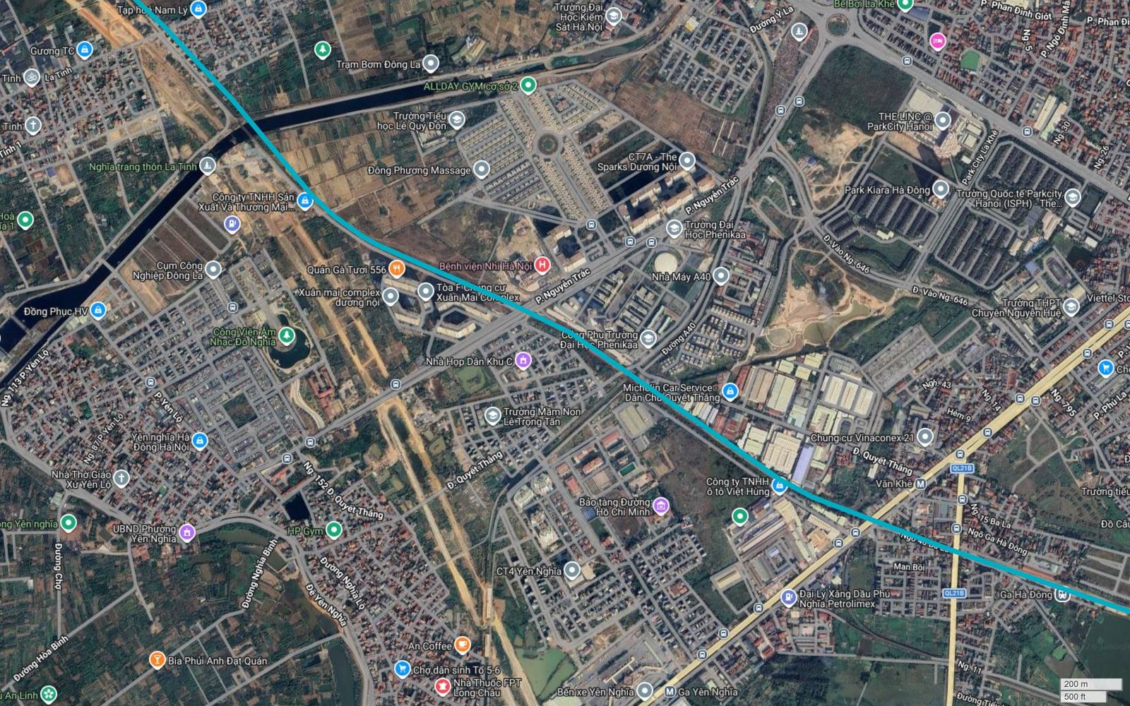 Tuyến metro số 6 Hà Nội tiến về Quốc lộ 21B tại Hà Đông, gần Bến xe Yên Nghĩa và các nhãn ga của tuyến 2A